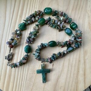 VTG Beaded Cross Pendant Necklace 27" Mixed Semi-Precious Gemstones Agate Quartz